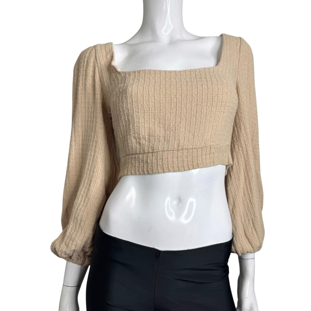 Beige Square Neck Open Back Tie Crop Top Balloon Sleeve Textured Size Small - Picture 3 of 6